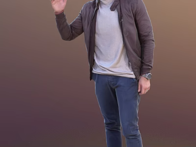 Man In Brown Jacket Gray Turtleneck Shirt Blue Jeans With Wristwatch Standing And Waving Hand 3d model