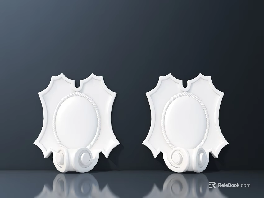 White Carved Decorative Shield Shaped Ornaments Against Dark Background With Reflection 3d model 