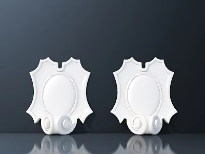 White Carved Decorative Shield Shaped Ornaments Against Dark Background With Reflection 3d model