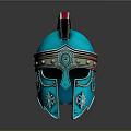 Ancient Metallic Decorative Helmet With Intricate Engravings And Blue Red Accents