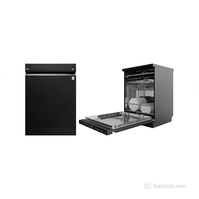 Modern Black Kitchen Dishwasher Appliance With Open Door And Dishes Inside 3d model 