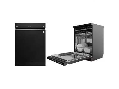 Modern Black Kitchen Dishwasher Appliance With Open Door And Dishes Inside 3d model