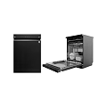 Modern Black Kitchen Dishwasher Appliance With Open Door And Dishes Inside