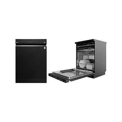 Modern Black Kitchen Dishwasher Appliance With Open Door And Dishes Inside 3d model