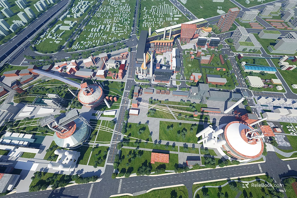 Aerial View of Modern Industrial Plant Featuring Large Domed Storage Tanks and Green Spaces 3d model 