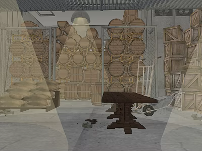 Warehouse Storage Space With Stacked Wooden Barrels Crates Sacks And Wooden Table 3d model