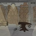 Warehouse Storage Space With Stacked Wooden Barrels Crates Sacks And Wooden Table