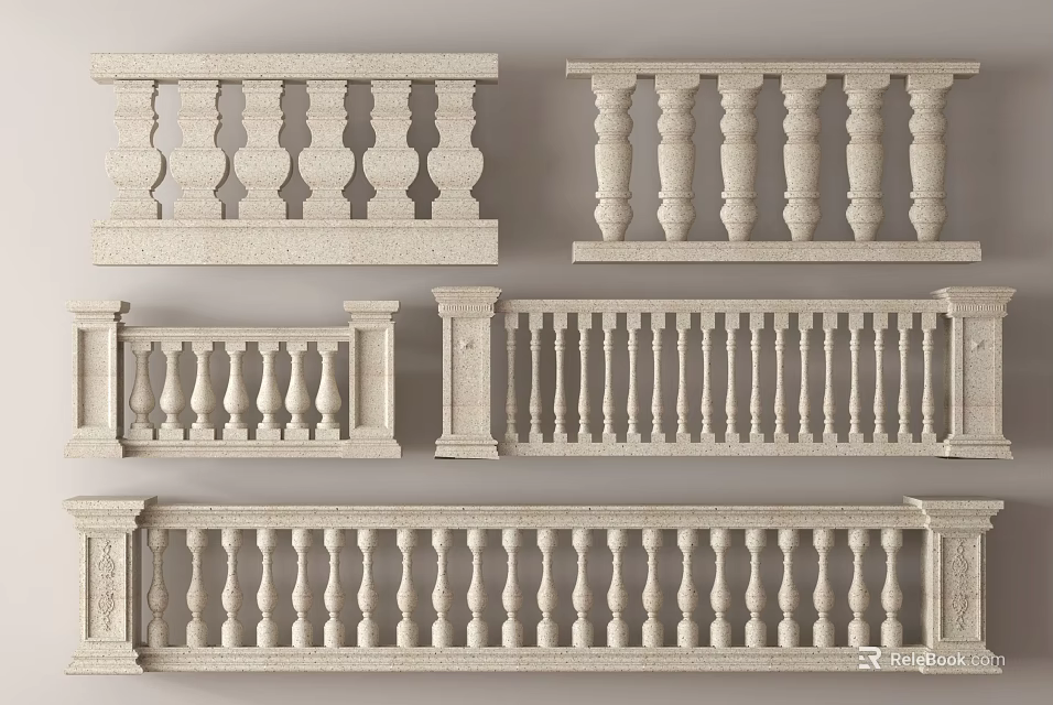 Stone Railings With Various Classic Designs Decorative Posts Balusters And Patterns 3d model 