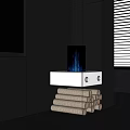 Modern Black Glass Panel Fireplace With Blue Flame And Wood Logs Design