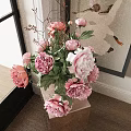 Pink Peonies in Glass Vase on Square Pedestal with Decorative Painting and Natural Light