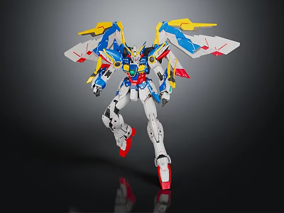Detailed Winged Robot Character With Blue Yellow Red White Mecha Standing Pose Figure 3d model