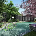 Tranquil Garden Landscape With Stone Pathway Green Trees Bushes And Walking People