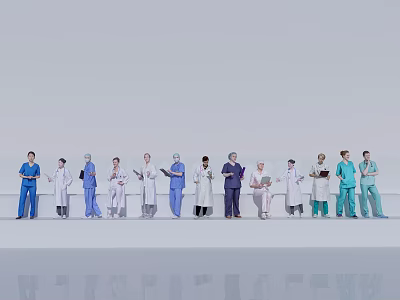 Diverse Healthcare Professionals Standing Together In Medical Uniforms On White Background 3d model
