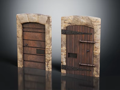 Pair of Medieval Wooden Doors With Stone Frames And Iron Bars 3d model