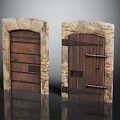 Pair of Medieval Wooden Doors With Stone Frames And Iron Bars 3d model