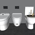Three White Modern Toilets in Grey Bathroom with Tray and Aromatherapy Bottles on Tank