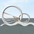 Modern White Sculpture With Circular Rings And Wavy Structures In Grass Field By Water Pond