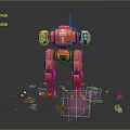 Red Robot Character Number 05 Standing With Stones And Yellow Accents On Gray Background
