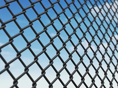 Black Diamond Mesh Fence With Metal Links Against Blue Sky And White Clouds 3d model