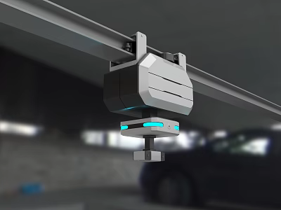 Rail Mounted Automated Device Suspended On Track With Blue Lights And Car In Background 3d model
