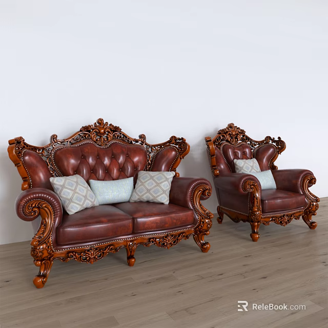 Classic Leather Sofa Set With Ornate Carved Wooden Frame And Decorative Pillows 3d model 