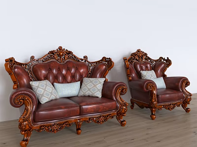 Classic Leather Sofa Set With Ornate Carved Wooden Frame And Decorative Pillows 3d model