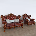 Classic Leather Sofa Set With Ornate Carved Wooden Frame And Decorative Pillows