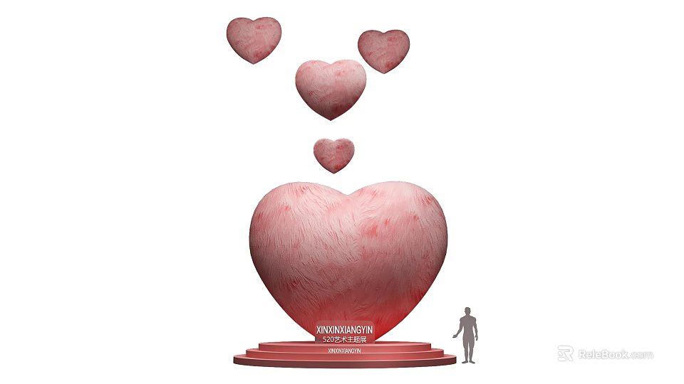 Art Installation Featuring Large Pink Heart Base Unconditional Love Text Floating Small Hearts And Figure 3d model 