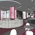 Pink Themed Dessert Shop With Black And White Checkered Floor And Cartoon Cat Sofa