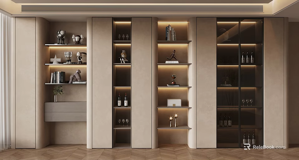 Modern Display Shelves Interior With Decorative Items Wine Bottles Books And Lighting 3d model 