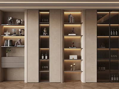 Modern Display Shelves Interior With Decorative Items Wine Bottles Books And Lighting 3d model