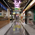 Vibrant Food Court Interior With Neon Lights Colorful Signboards And Retro Stalls