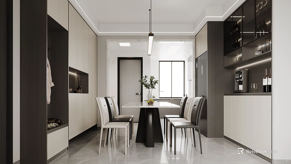 Modern Open Concept Restaurant Interior With Dining Table And Lighting 3d model