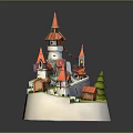 Cartoon Castle Village Scene With Red Pointed Towers Small Houses Green Trees And White Decorations