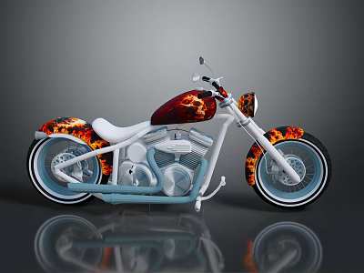 Custom Motorcycle With Flame Painted Body White Leather Seat And Chrome Engine Parts 3d model
