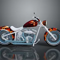 Custom Motorcycle With Flame Painted Body White Leather Seat And Chrome Engine Parts