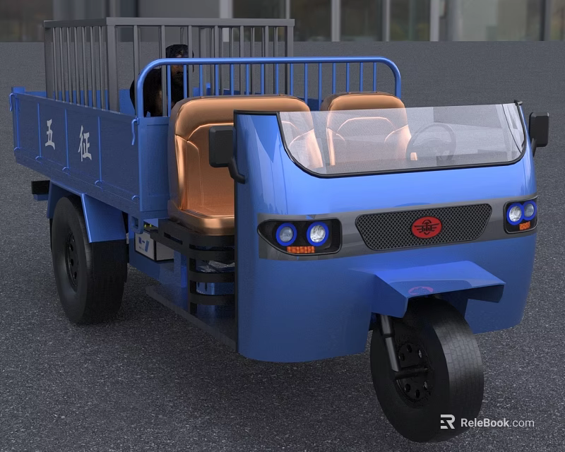 Blue Three Wheel Motorcycle With Open Cargo Bed Railings Headlights And Driver Seat 3d model 