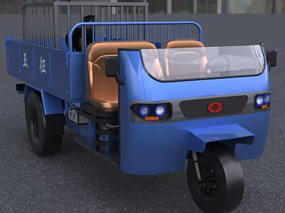 Blue Three Wheel Motorcycle With Open Cargo Bed Railings Headlights And Driver Seat 3d model