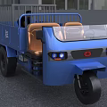 Blue Three Wheel Motorcycle With Open Cargo Bed Railings Headlights And Driver Seat
