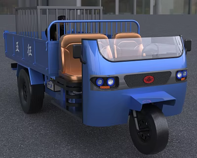 Blue Three Wheel Motorcycle With Open Cargo Bed Railings Headlights And Driver Seat 3d model