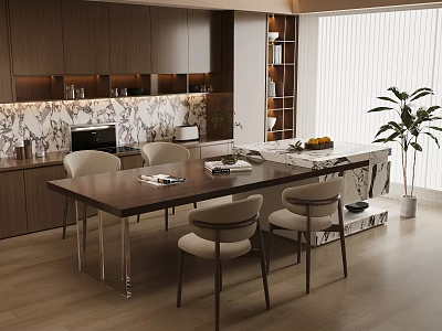 Modern Dining Room With Wooden Cabinets Marble Backsplash Dining Table And Indoor Plant 3d model