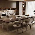 Modern Dining Room With Wooden Cabinets Marble Backsplash Dining Table And Indoor Plant