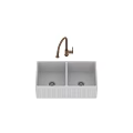 White Double Bowl Kitchen Sink With Copper Faucet For Modern Kitchen Use