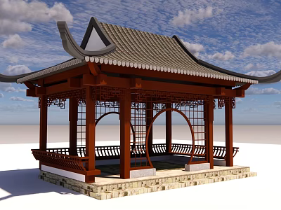 Traditional Chinese Wooden Pavilion With Upturned Eaves Carved Lattice And Stone Base 3d model