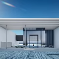 Modern Sales Office Building Architecture with Glass Curtain Wall White Roof And Blue Paved Ground
