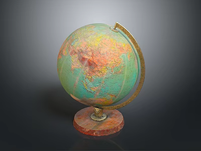 Decorative Household Globe Featuring Green Brown Surface Red Base And Metal Stand 3d model
