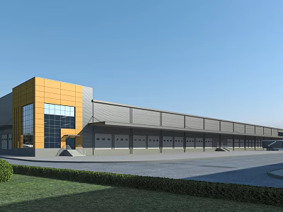 Modern Industrial Factory Exterior Design With Yellow Gray Facade And Large Glass Windows 3d model