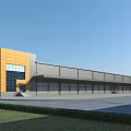 Modern Industrial Factory Exterior Design With Yellow Gray Facade And Large Glass Windows