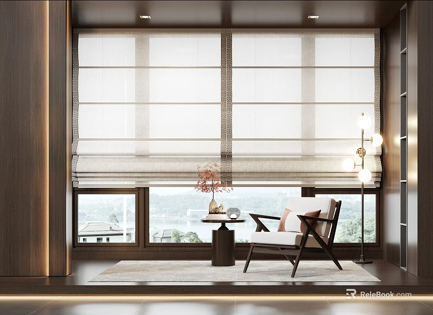 Elegant Roller Blinds In Living Area With Large Window Scenic View Floor Lamp And Armchair 3d model 