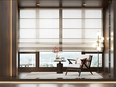 Elegant Roller Blinds In Living Area With Large Window Scenic View Floor Lamp And Armchair 3d model